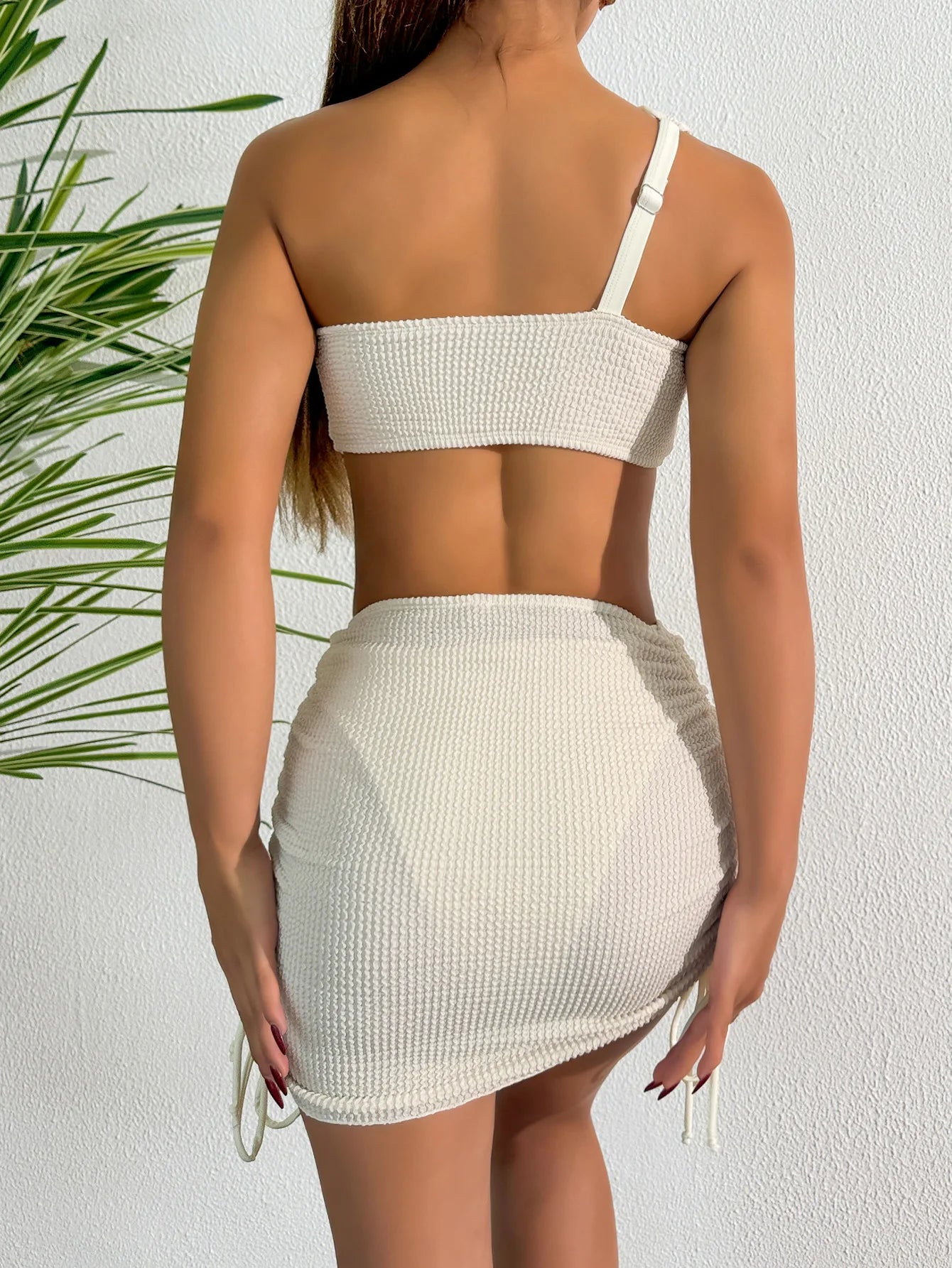 Solid Color 3 Piece Bikini Set - Single Shoulder Sexy Backless Swimsuit with Skirt