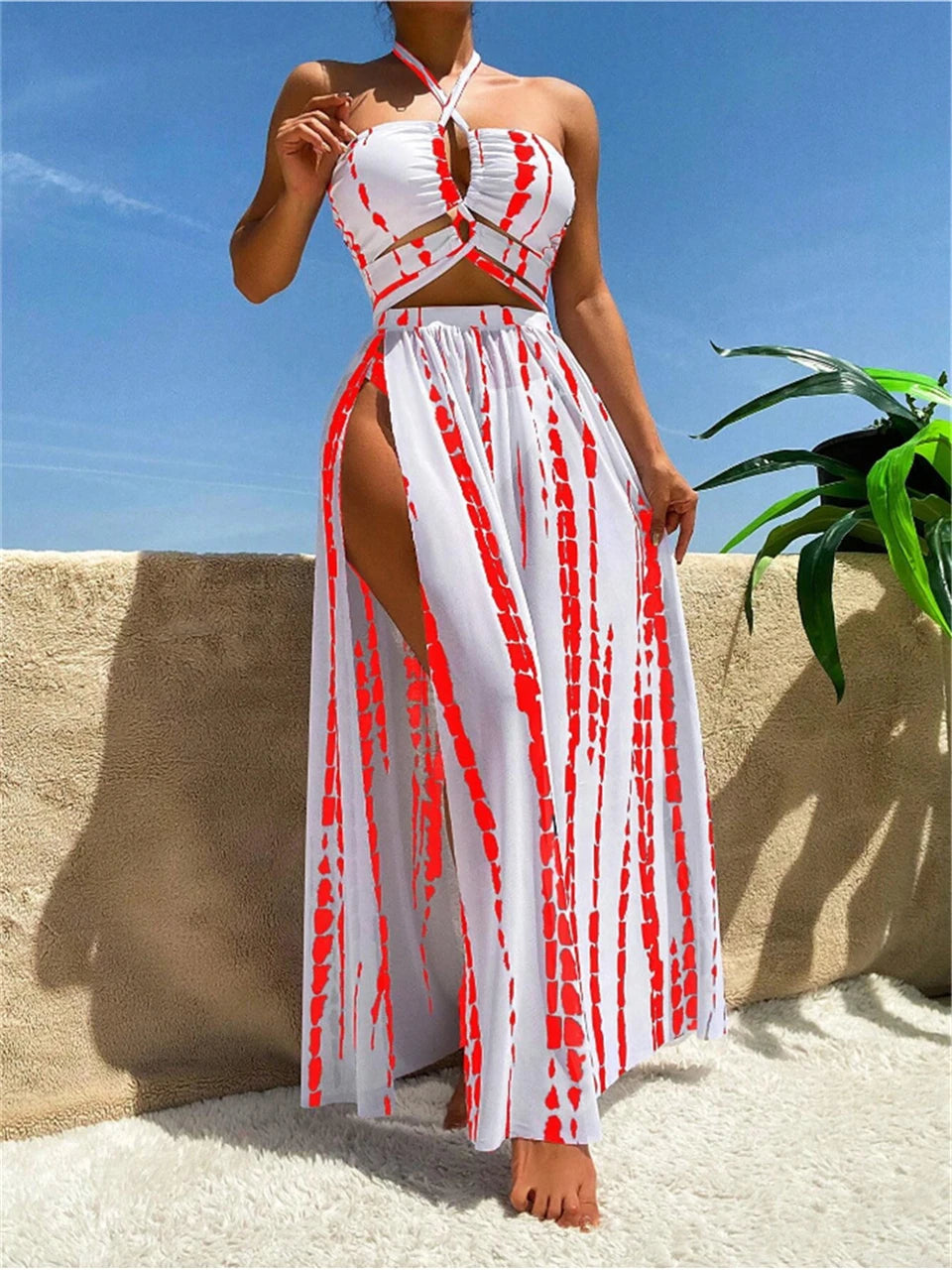 Tie Dye 3 Piece Bikini Set for Women - Cross Halter Swimsuit with Cover Up Pants