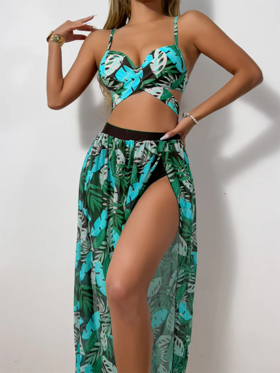 Print Cross 3 Piece Bikini with Long Skirt - Women's Vent Swimsuit for Beach