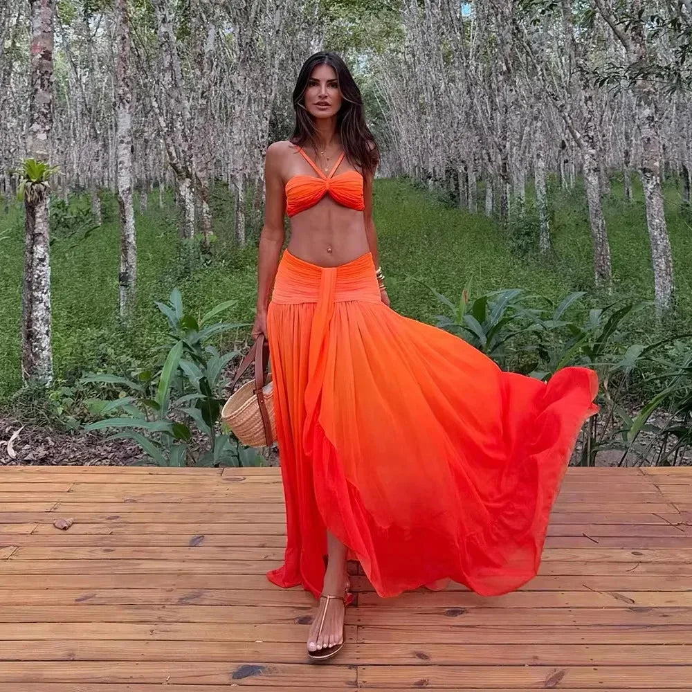 Gradient 3 Piece Bikini Set for Women - Sexy Skirt & Thong Biquini Swimsuit