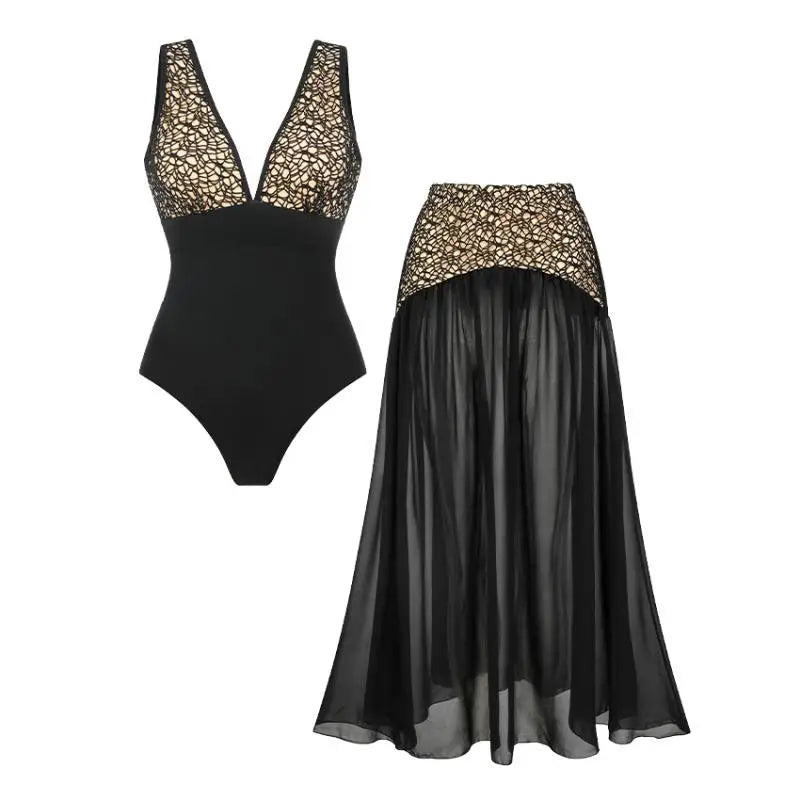 Women's Black Lace Cutout Swimsuit Set | V-Neck Swimwear with Matching Skirt