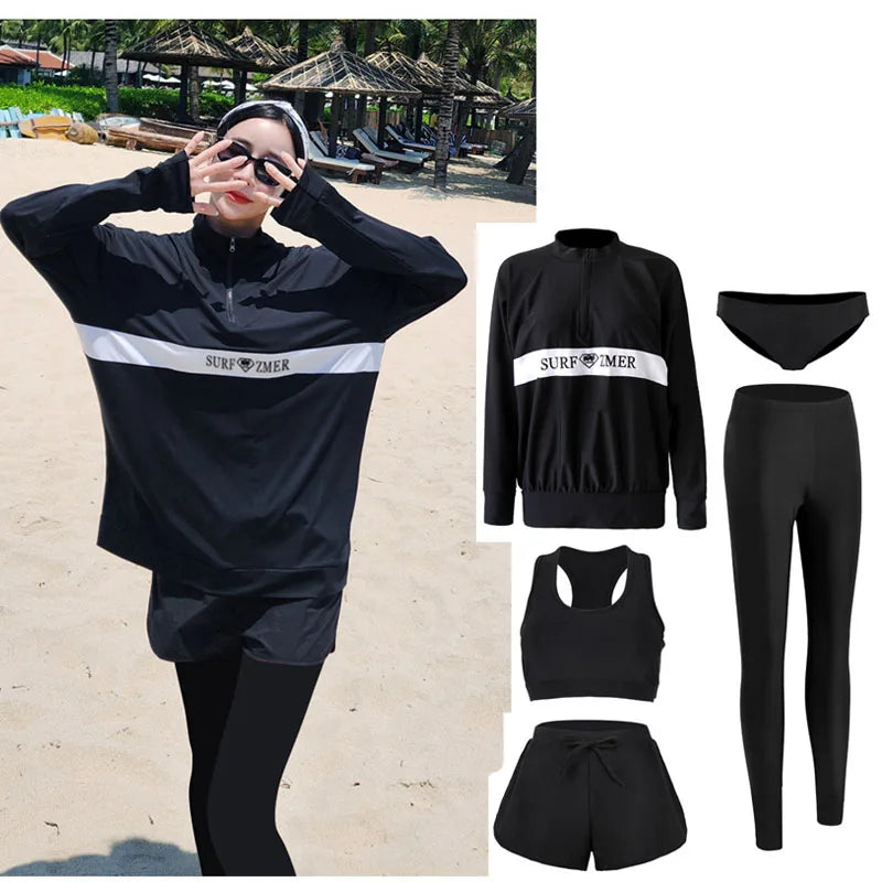 Women's 5-Piece Long Sleeve Rash Guard Set | UV/SPF Swim Shirt & Leggings