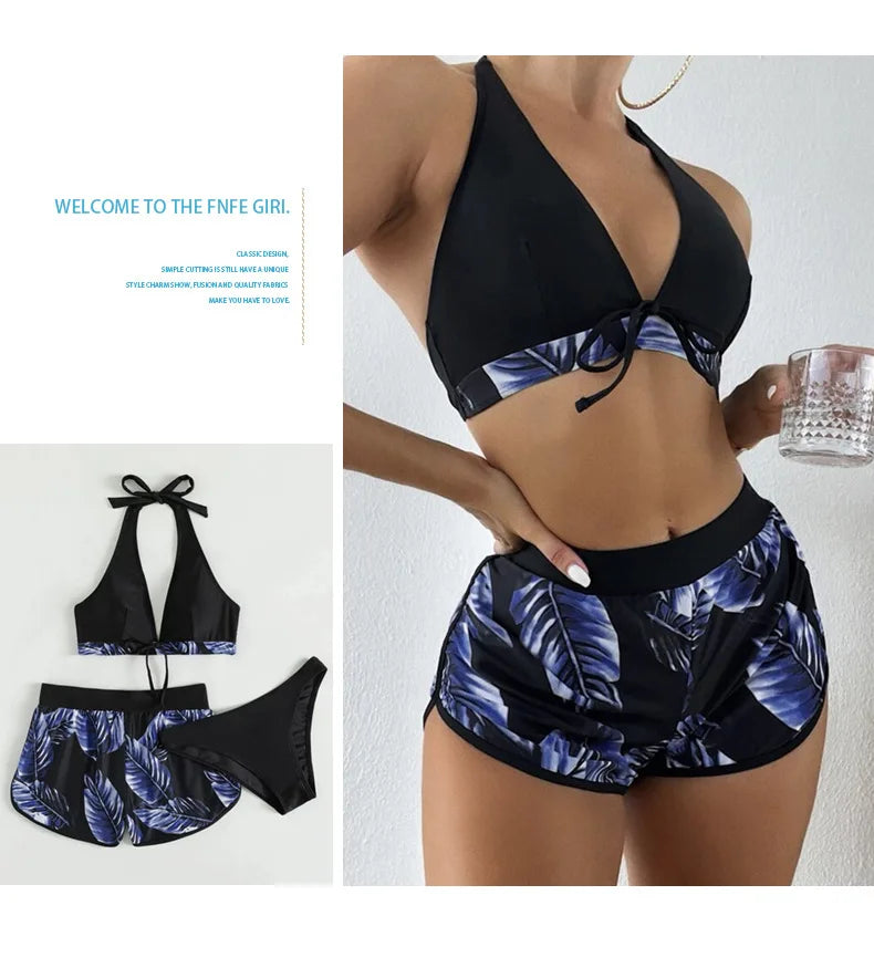 Leaf Print 3 Piece Bikini Set - Women's Sexy High Waist Swimsuit for the Beach