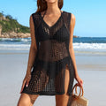 Crochet Beach Cover Up Dress - Sexy Deep V-Neck with Side Slit & Hollow Out