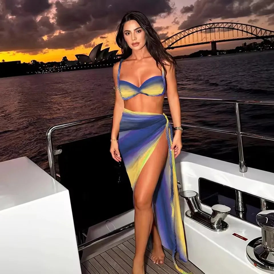 Gradient Print 3 Piece Bikini Set - Sexy Push Up Swimsuit with Long Skirt Cover Up