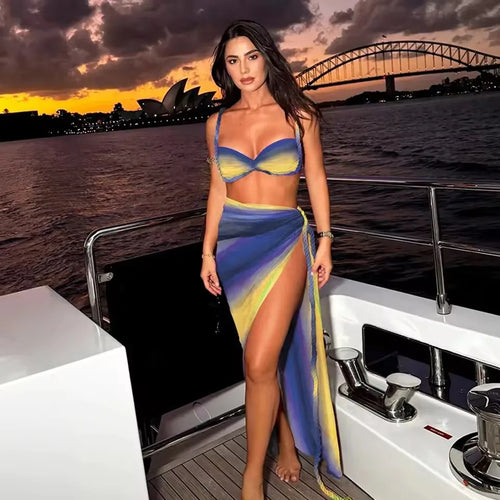 Gradient Print 3 Piece Bikini Set - Sexy Push Up Swimsuit with Long Skirt Cover Up