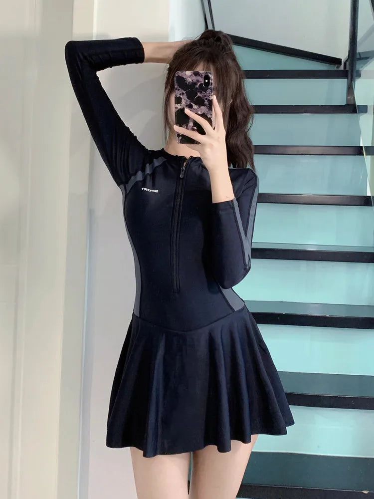 Women's Long Sleeve Swimsuit Dress | Tummy Control Conservative One-Piece Swimwear