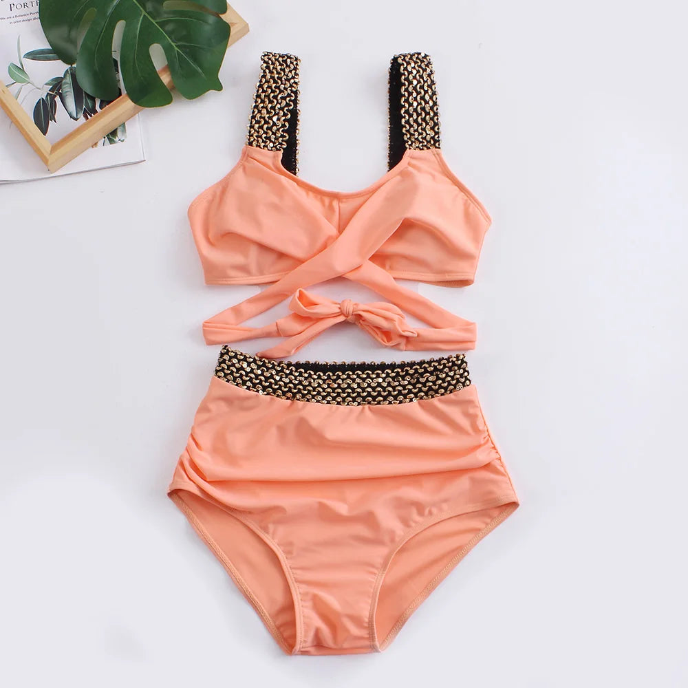 Black Cross High Waist Bikini Set - Solid Swimsuit for Women | 2025 Summer Beachwear