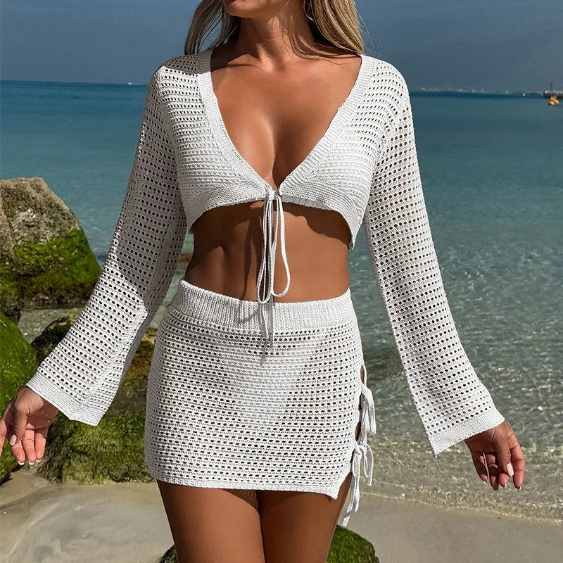 Women's Knit Beach Cover Up Set | Lace-Up Bell Sleeve Top & Half Skirt