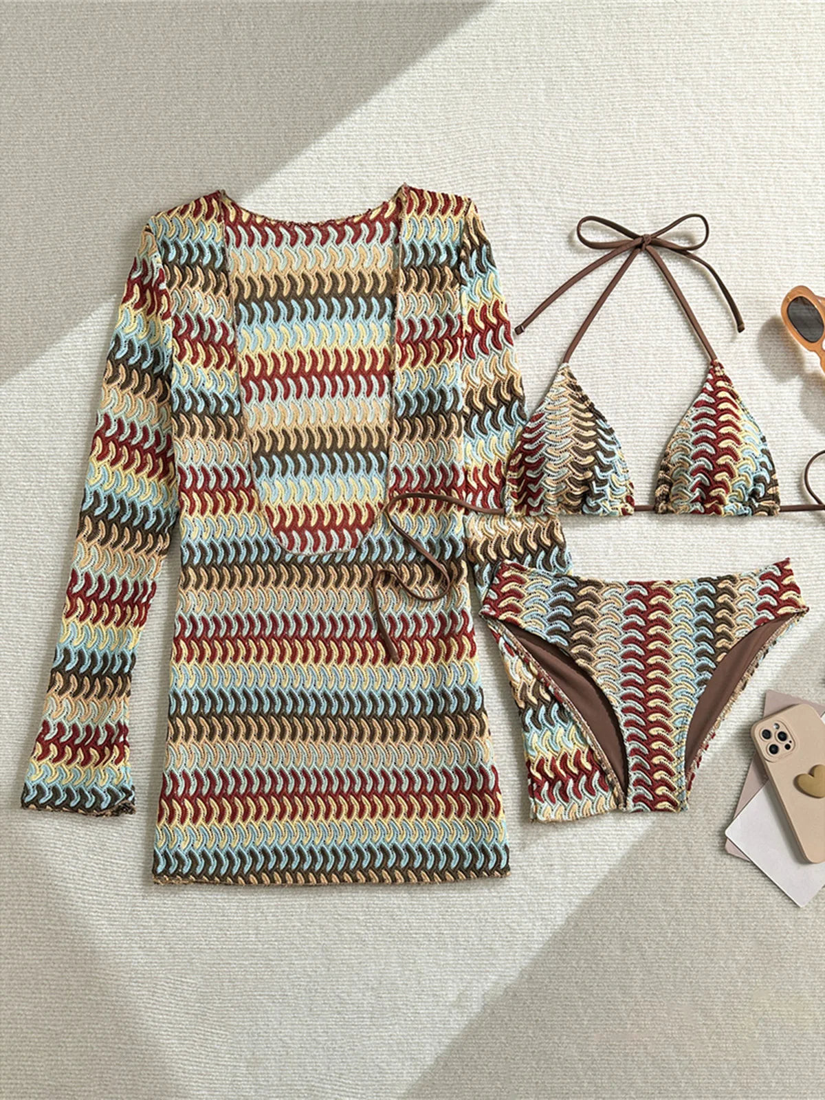 Women's 3-Piece Printed Bikini Set | Long Sleeve Cover Up Swimwear