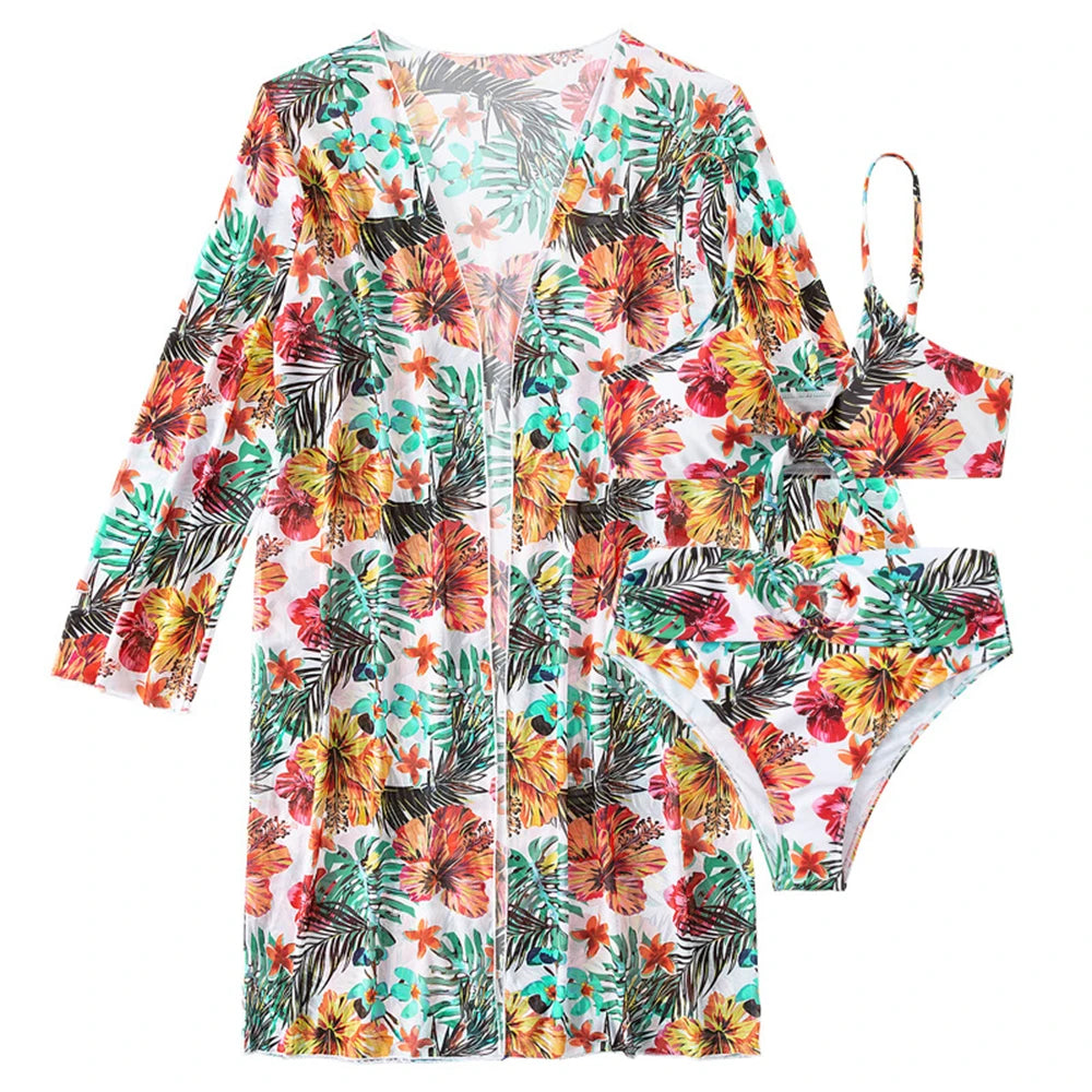 Floral Print 3 Piece Bikini Set with Mesh Blouse - Long Sleeve High Waisted Swimsuit