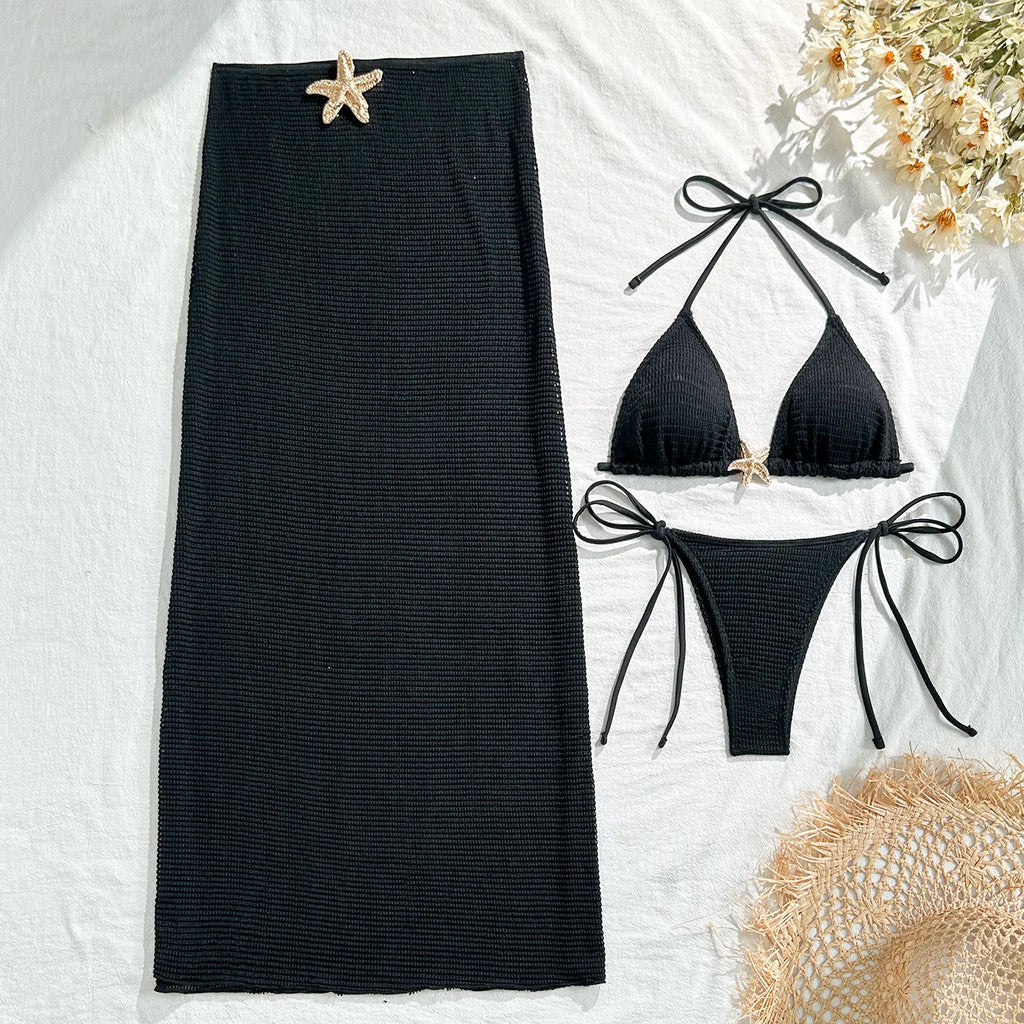 Solid Color 3 Piece Bikini Set with Mesh Skirt - Starfish Swimsuit for Women