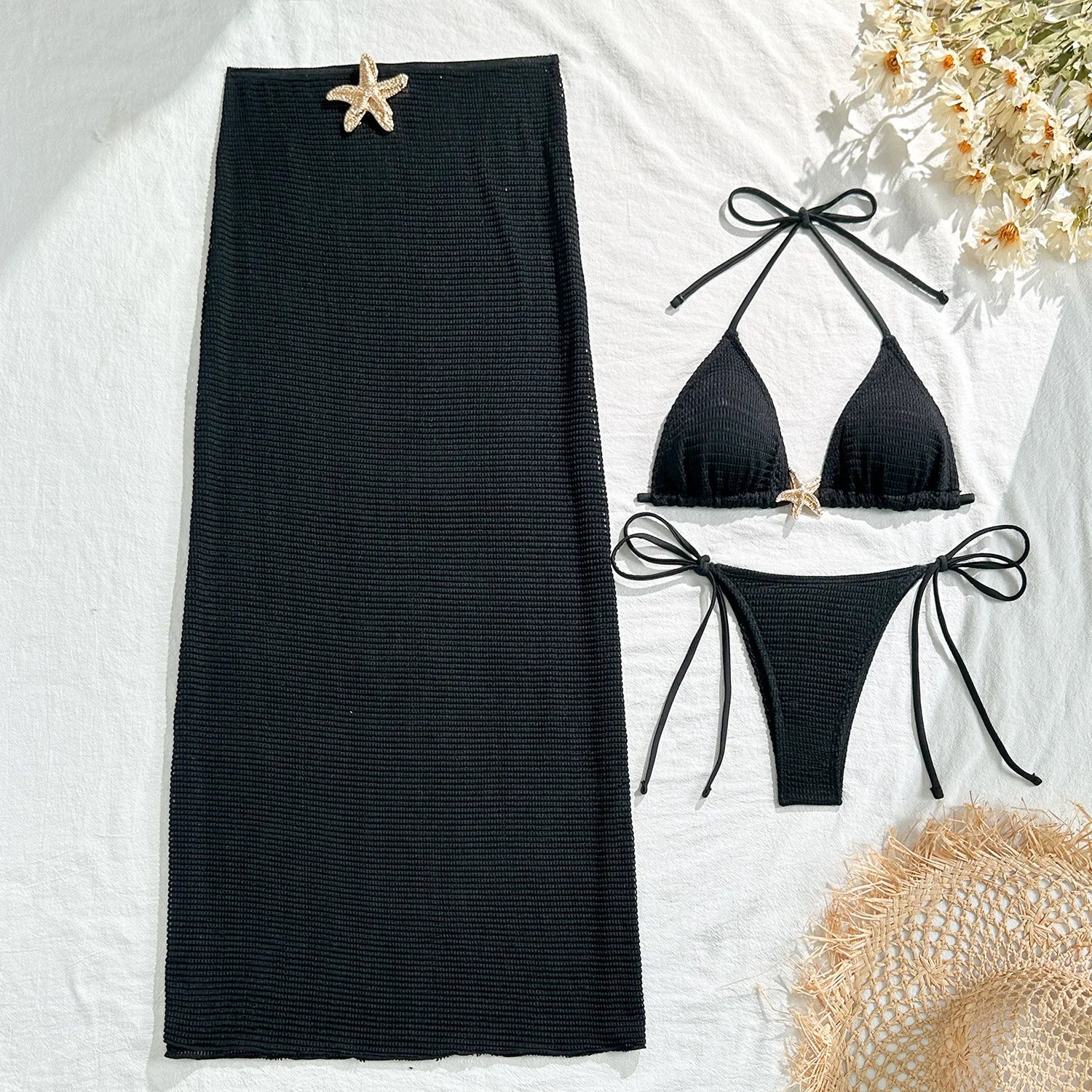 Solid Color 3 Piece Bikini Set with Mesh Skirt - Starfish Swimsuit for Women