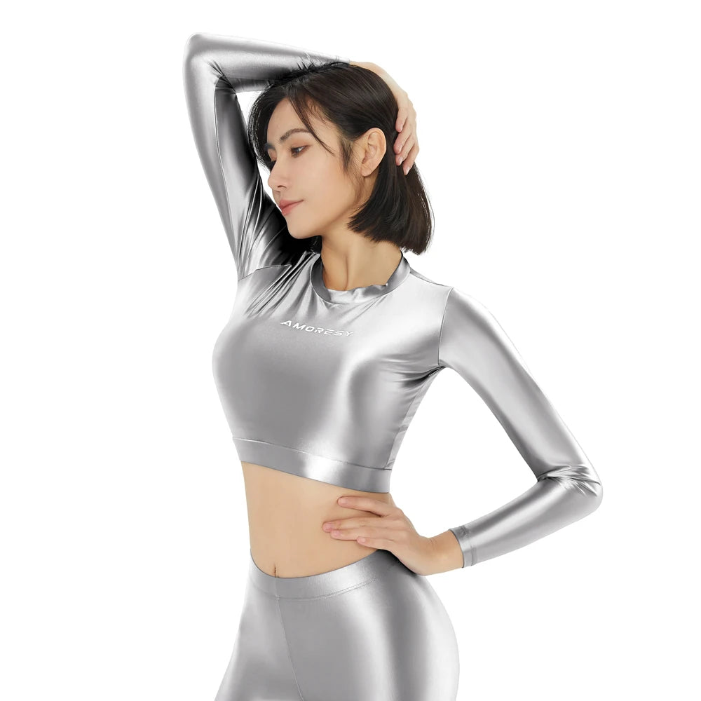 Women's Satin Long Sleeve Swim Top & Tights Set - Exposed Belly Activewear for Beach