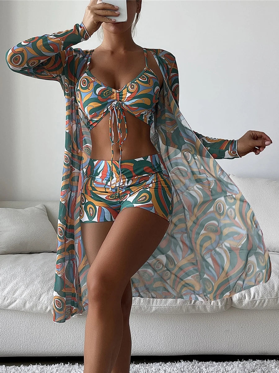 Sexy Printed 3 Piece Bikini Set - High Waist Swimsuit with Cover Up for Women