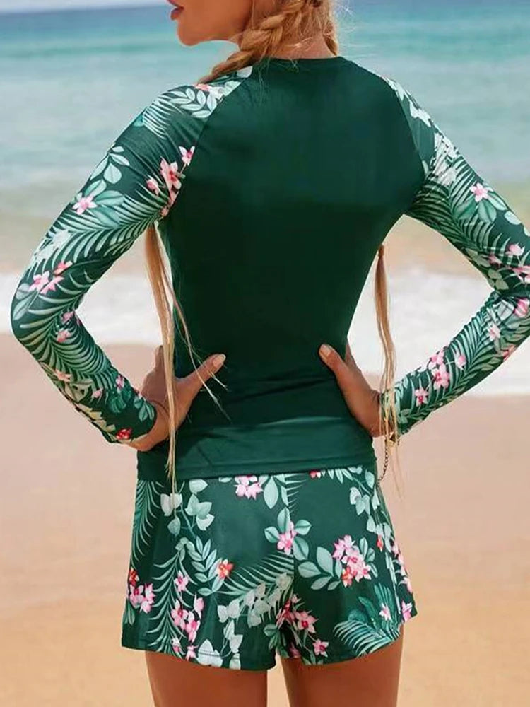 Women's Long Sleeve Tankini Swimwear Set - High Waist Boxer Shorts 2 Piece Beachwear