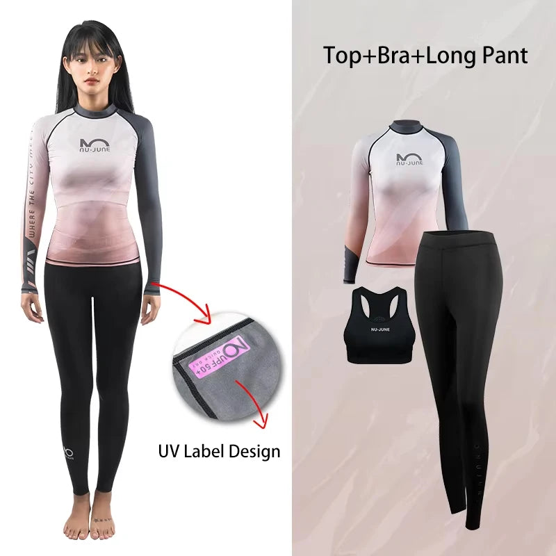 Nu-June Women's Long Sleeve Rash Guard Set | UPF 50+ Push Up Swimsuit with High Waist Bottoms