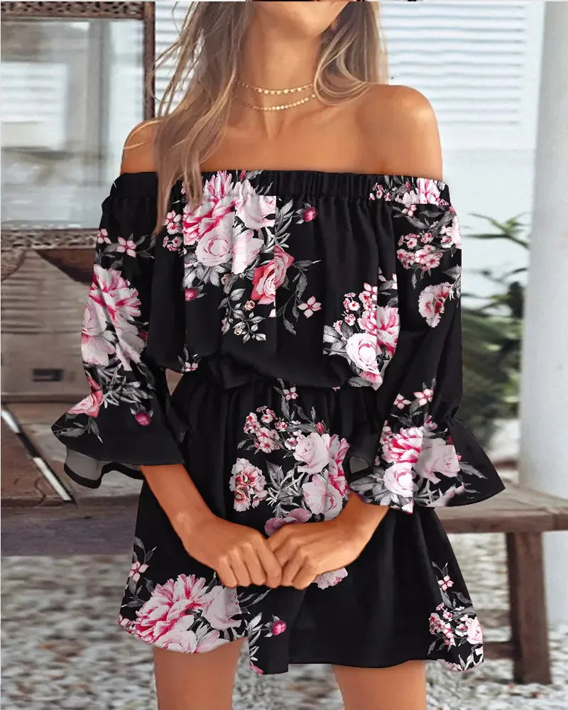Women's Off Shoulder Ruffle Mini Dress | Puff Sleeves with Floral Print for Summer Beach