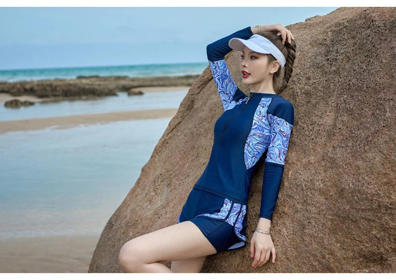 Plus Size Long Sleeve Two Piece Swimwear - with Boxer Shorts Korean Style Beach Outfit