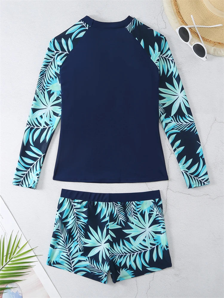 Women's Long Sleeve Tankini Swimwear Set - High Waist Boxer Shorts 2 Piece Beachwear