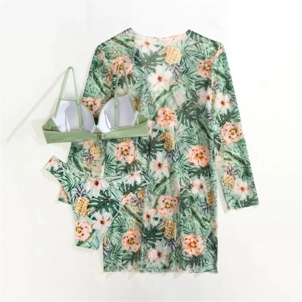 Women's Print 3 Piece Bikini Set - Push Up Twist Swimsuit with Long Sleeve Cover Up