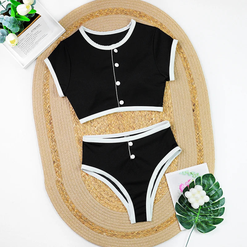 Women's High Waist Ribbed Bikini Set | Two-Piece Swimwear with Shorts