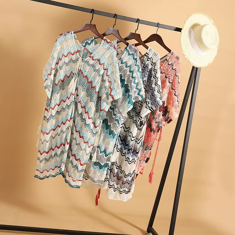 Women's Cotton Crochet Tunic Cover Up | Deep V Neck Lace-Up Mini Beach Dress