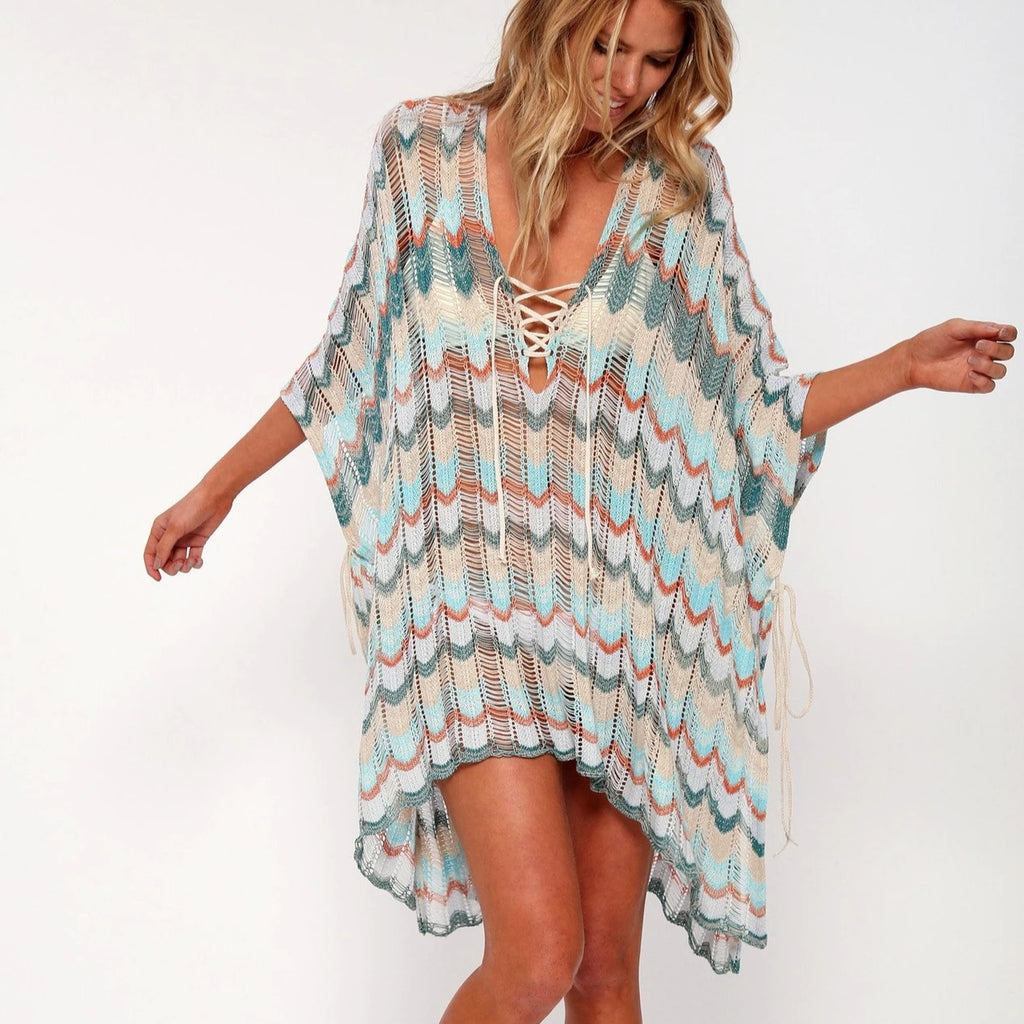 Women's Cotton Crochet Tunic Cover Up | Deep V Neck Lace-Up Mini Beach Dress