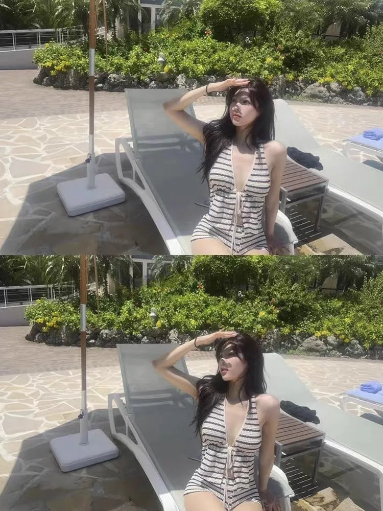 Women's Striped Knit Bikini Set | Halter Deep V Neck Two-Piece Swimsuit