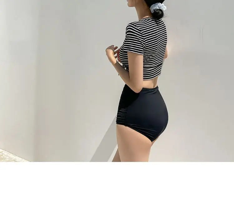 Women's Black and White Striped Bikini Set | High Waist Slimming Swimwear with Strapless Top