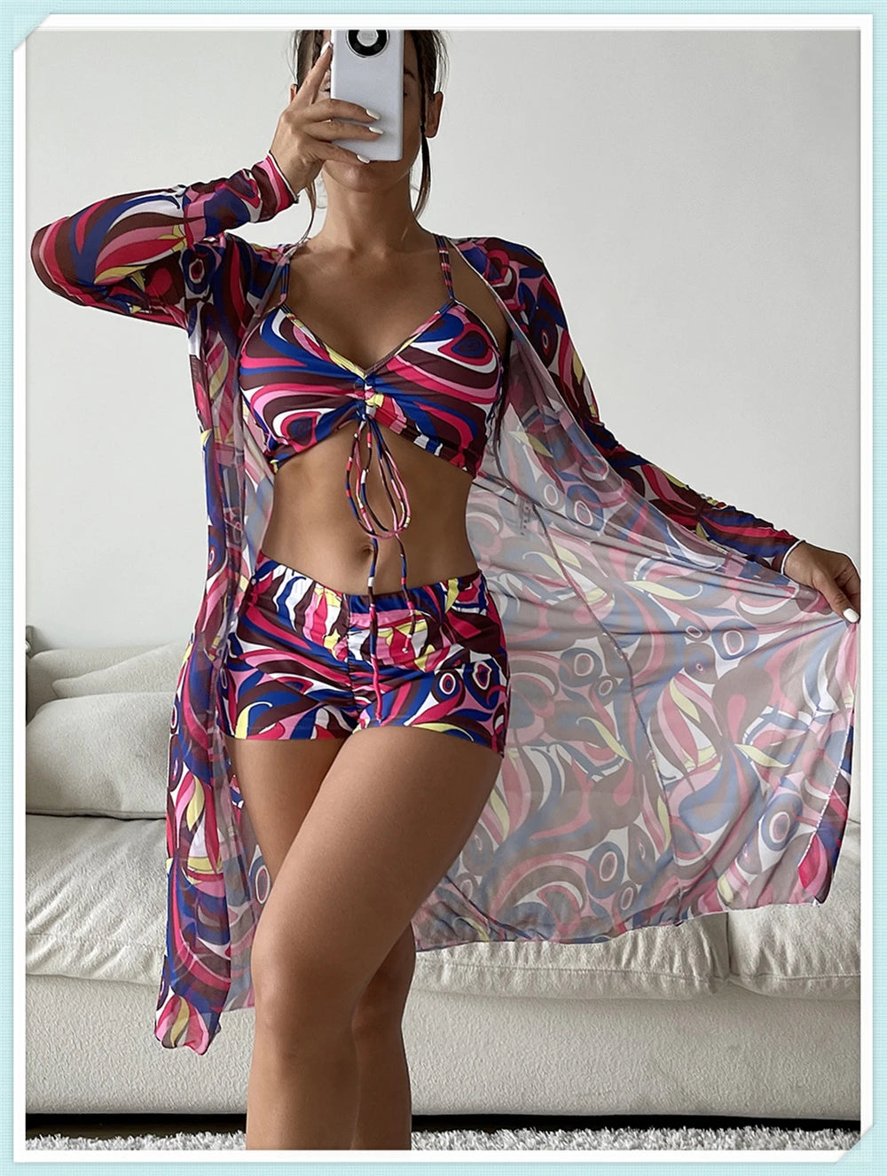 Sexy Printed 3 Piece Bikini Set - High Waist Swimsuit with Cover Up for Women