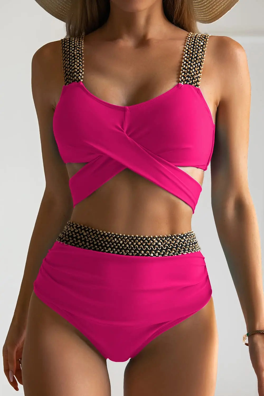 Black Cross High Waist Bikini Set - Solid Swimsuit for Women | 2025 Summer Beachwear
