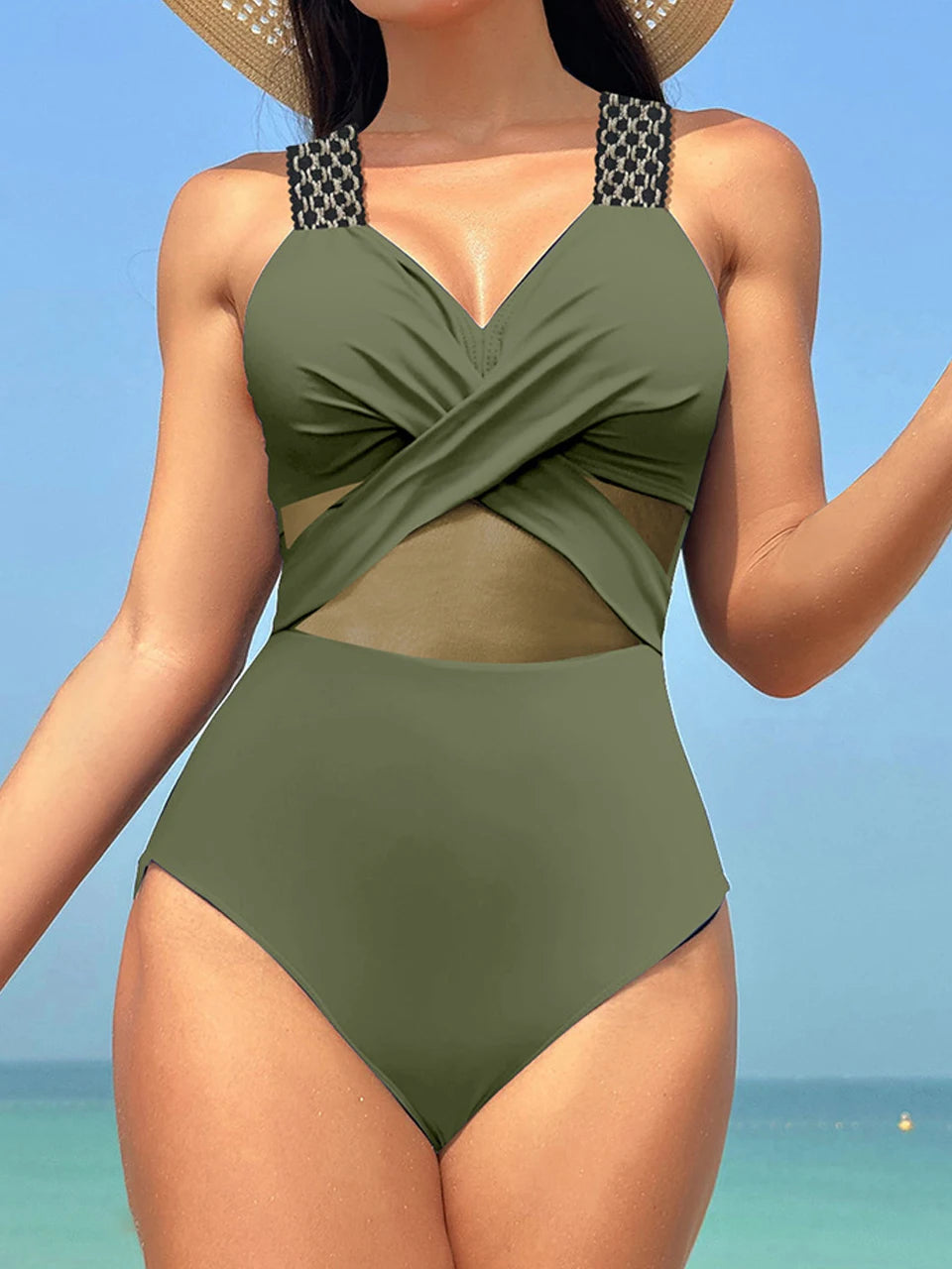 Women's Ruched One Piece Swimsuit - Plain Ring Link Design Swim Bodysuit for Beach