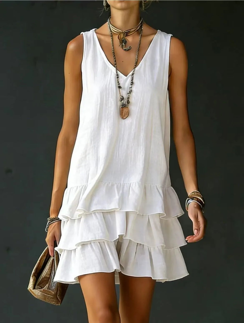 Women's V-Neck Sleeveless Solid Dress | Loose Ruffle Hem Casual Summer Wear