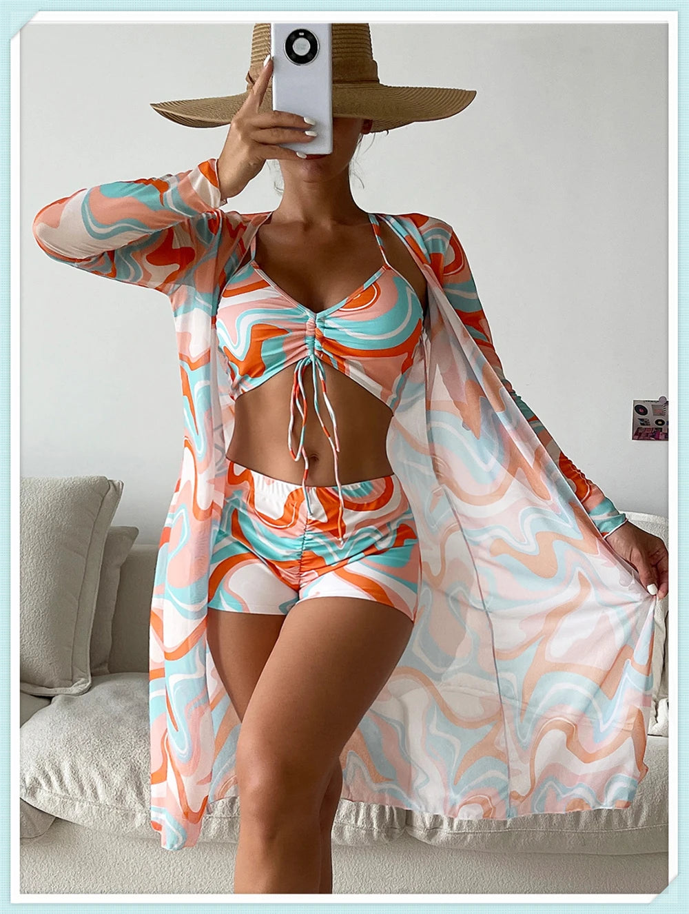 Sexy Printed 3 Piece Bikini Set - High Waist Swimsuit with Cover Up for Women