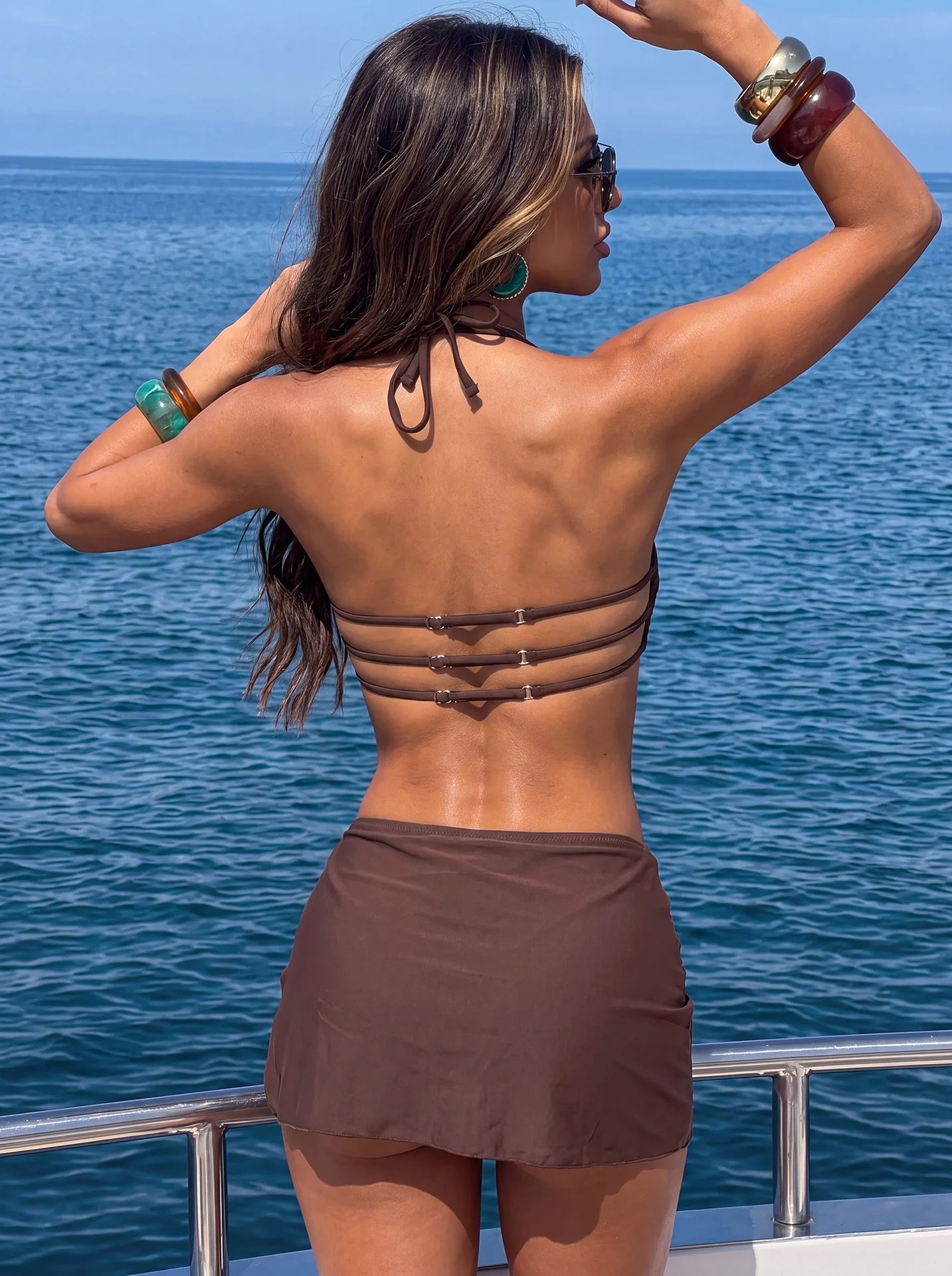Women's Brown High Waist Bikini Set | U-Shaped Metal Detail Three-Piece Swimwear