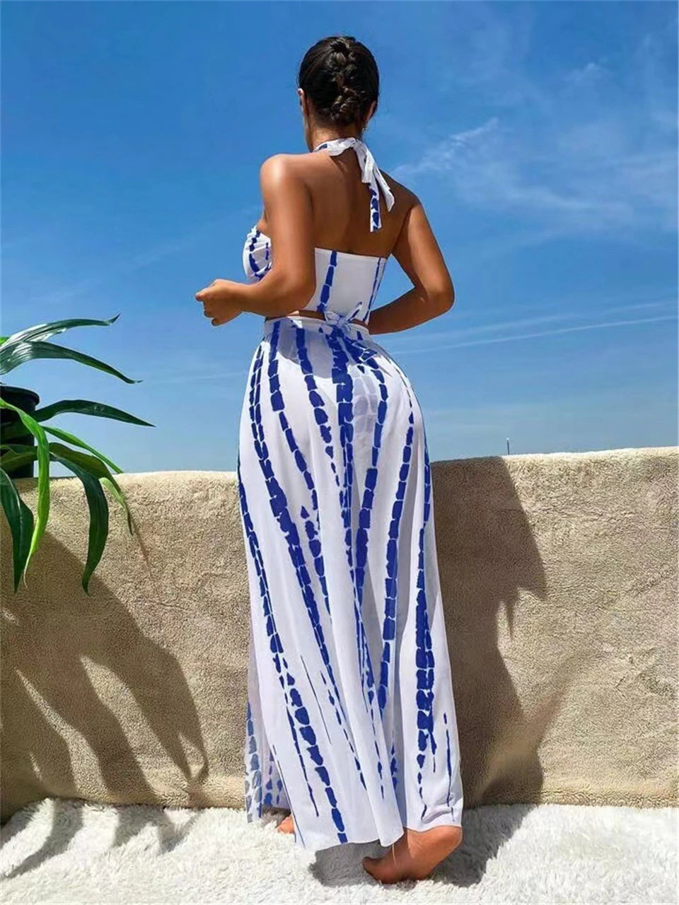 Tie Dye 3 Piece Bikini Set for Women - Cross Halter Swimsuit with Cover Up Pants