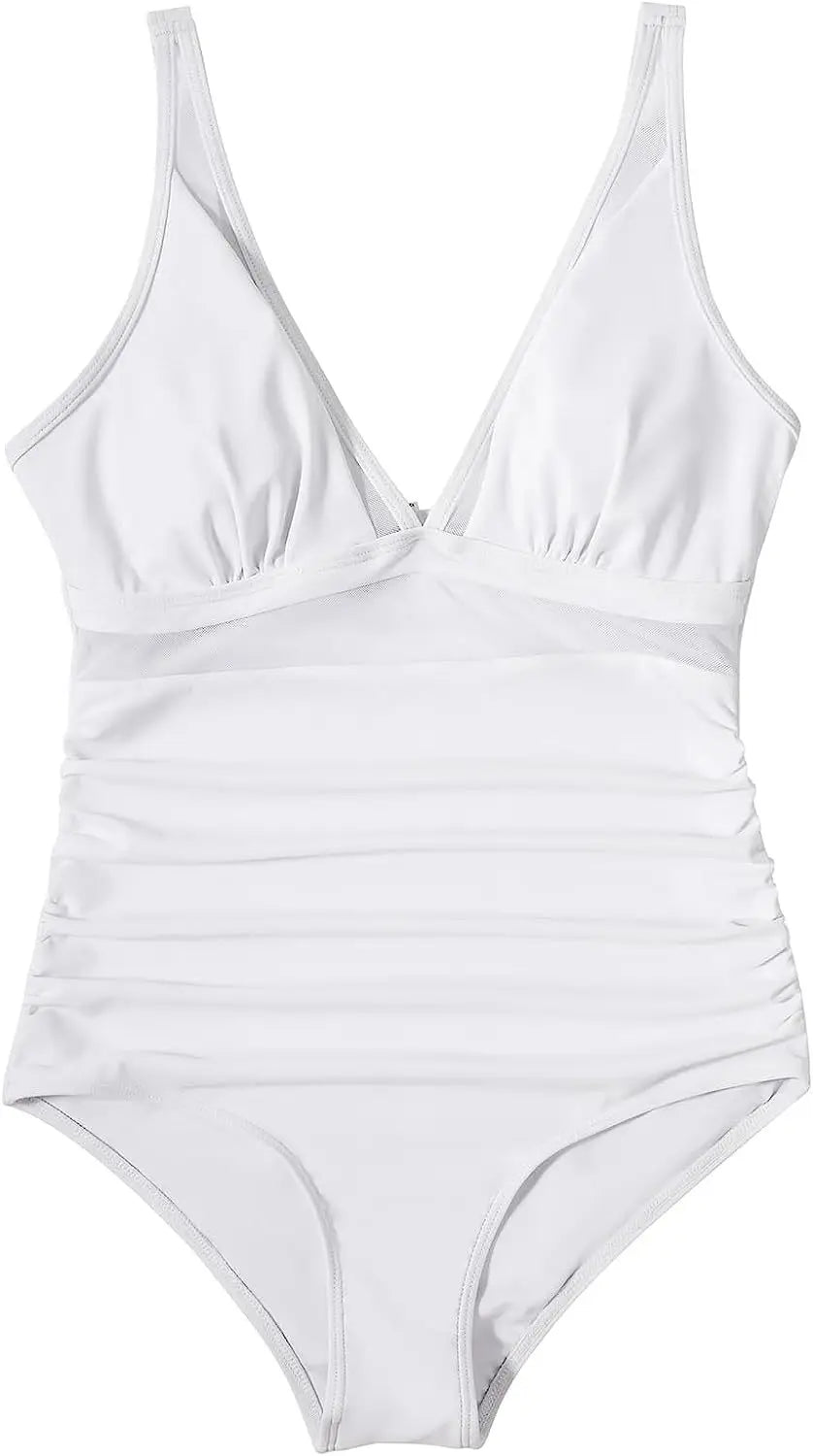 Deep V Neck One Piece Swimsuit - Removable Bra Plain Monokini for Women