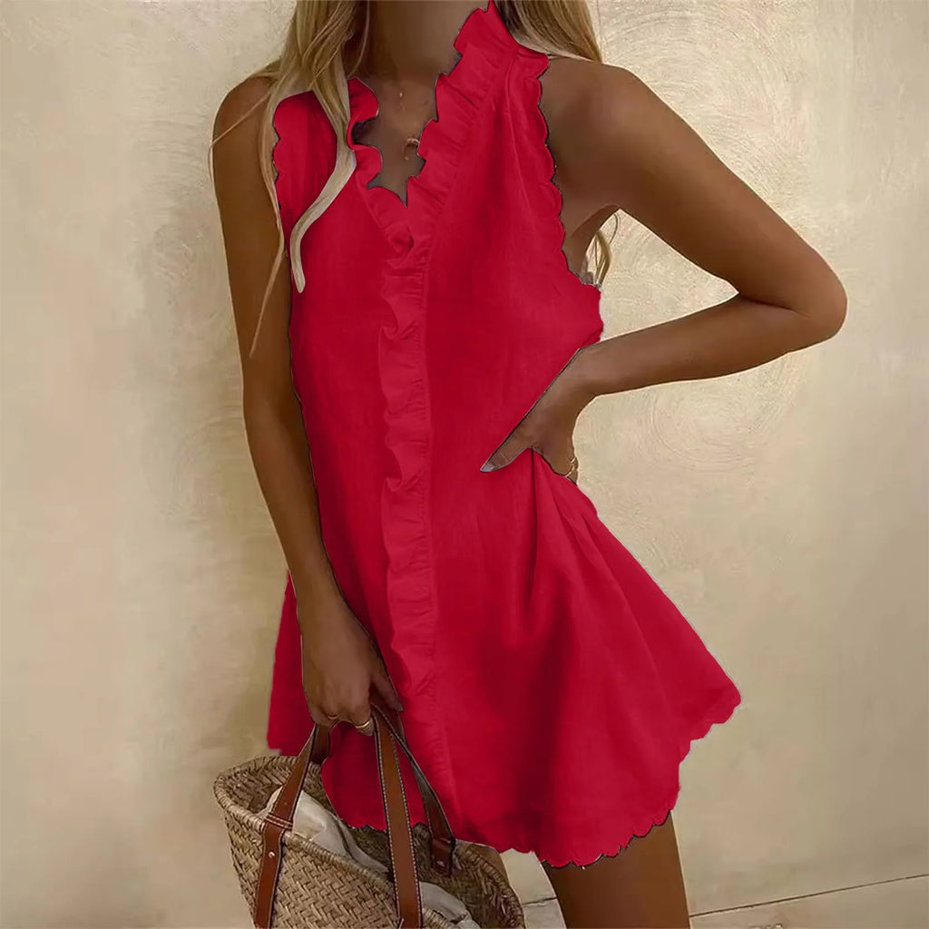 Women's White V-Neck Ruffled Mini Dress | Casual Cotton Linen Boho Beachwear