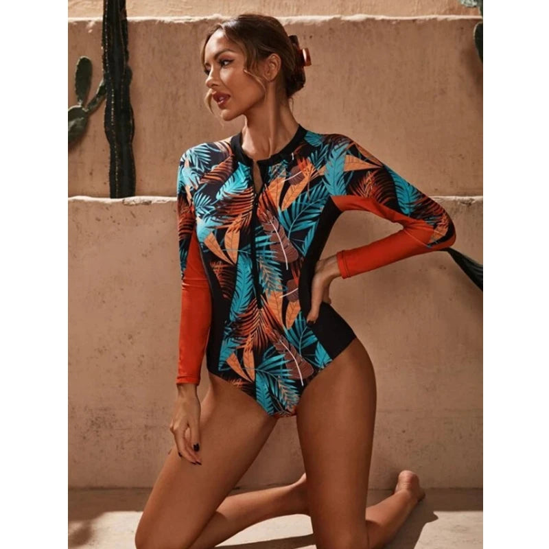 Women's Long Sleeve Floral Rash Guard One-Piece Swimsuit | Surfing Swimwear
