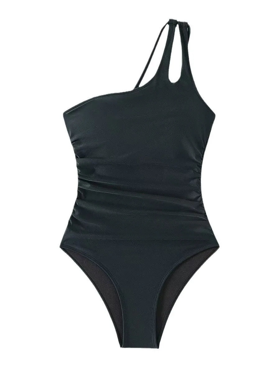 Women's Pure Color One Piece Swimsuit - Popular Single Shoulder Tight-Fitting Monokini