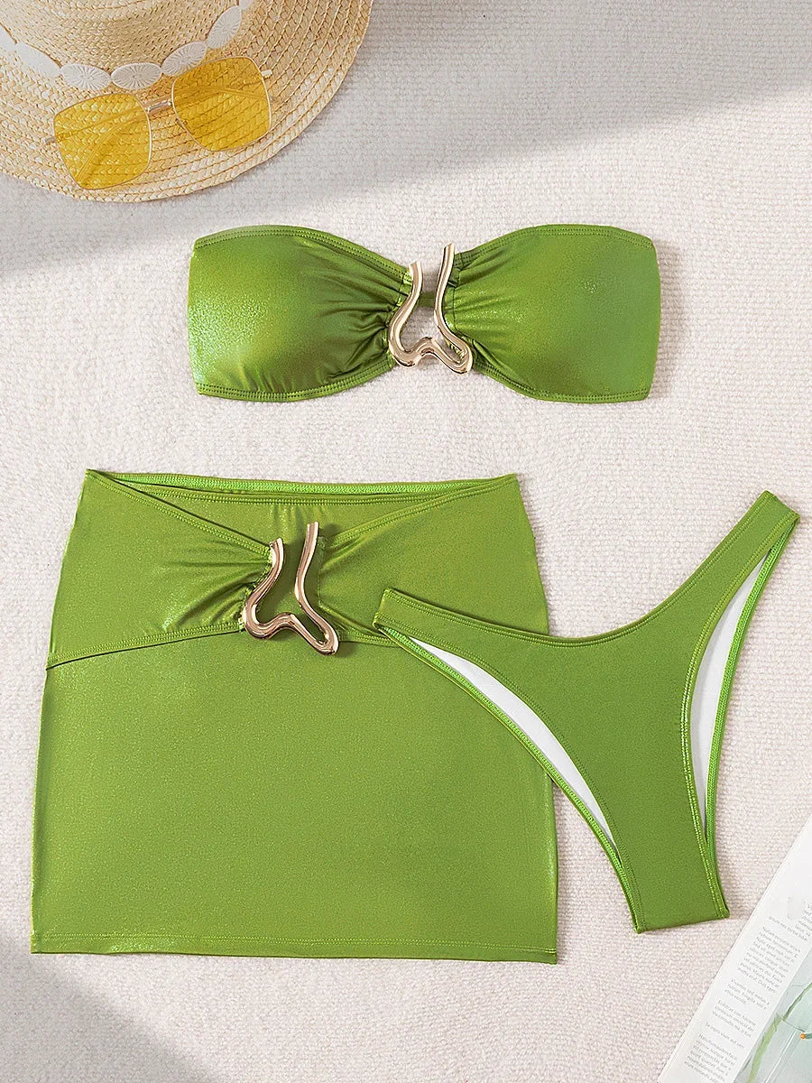 3 Piece Bandeau Bikini Set with Sarong - Women's Swimsuit for Beach & Bathing