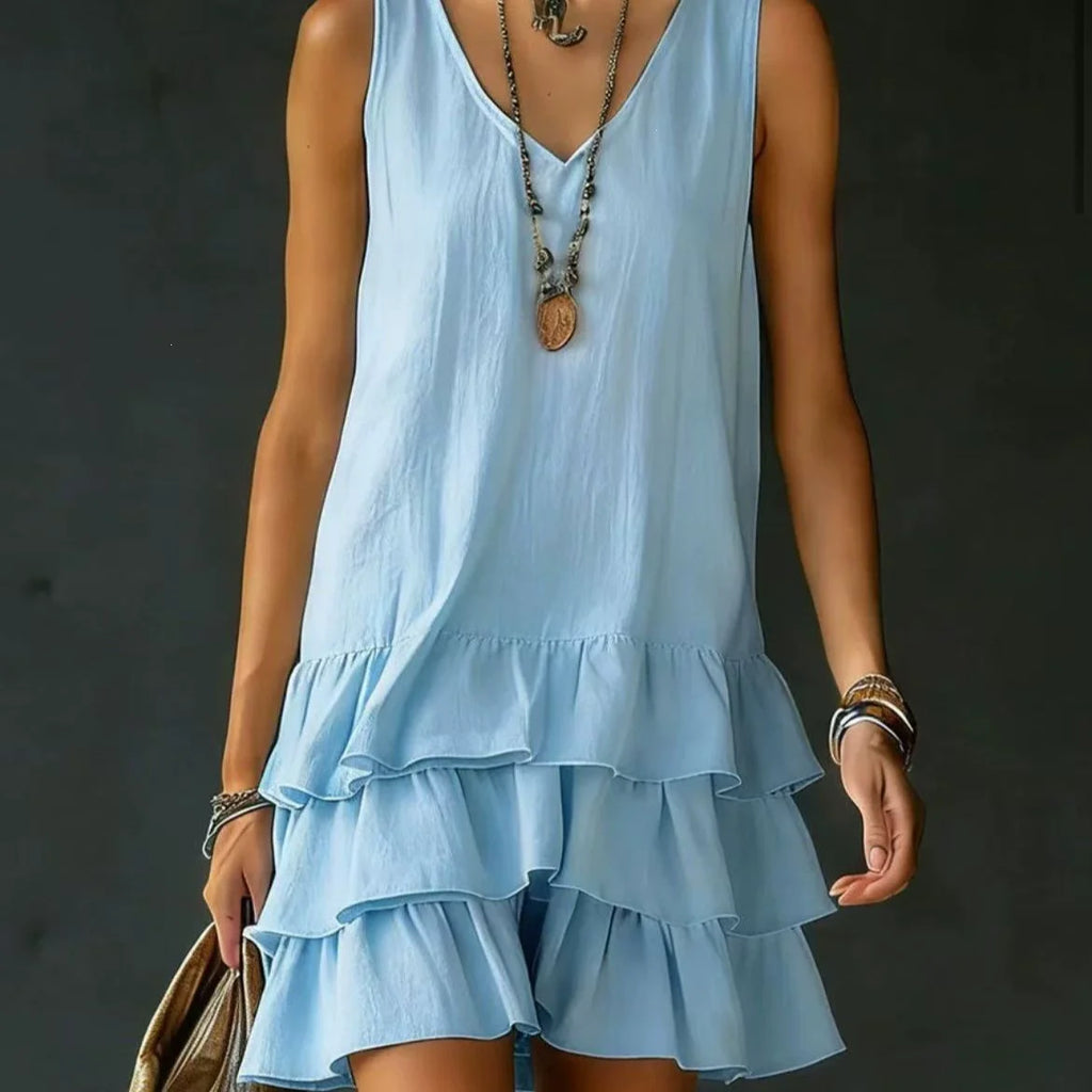 Women's V-Neck Sleeveless Solid Dress | Loose Ruffle Hem Casual Summer Wear