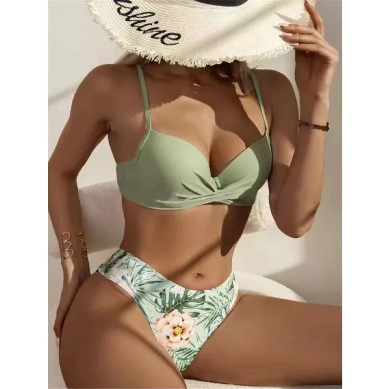 Women's Print 3 Piece Bikini Set - Push Up Twist Swimsuit with Long Sleeve Cover Up