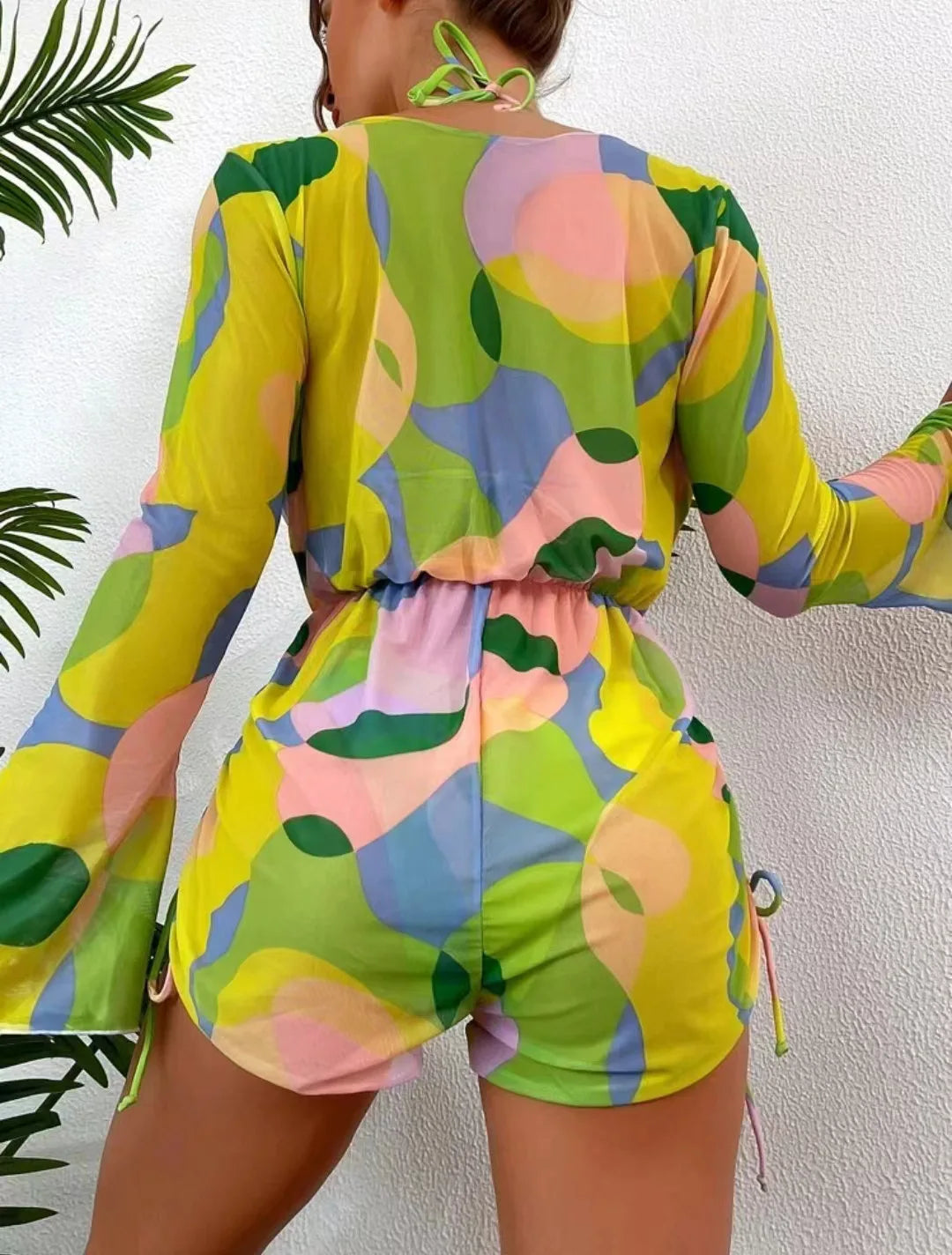 Print 3 Piece Bikini Set with Long Sleeve - Women's Cross Halter Swimwear for Beach