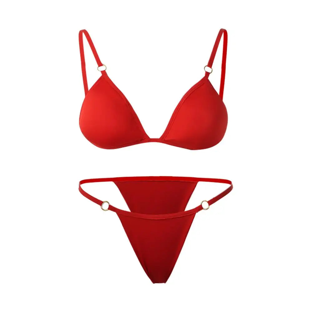 Vacation Woman Girl Solid Color Metal Buckle Sling Backless Split Swimwear Bikini Set Two Piece Swimsuit