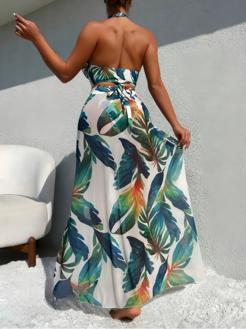 Sexy 3 Piece Halter Bikini Set with Beach Dress - Bandage Swimsuit for Women