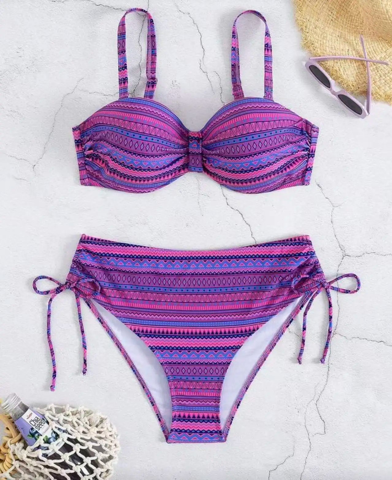 Women's Strappy High Waist Striped Bikini | Drawstring Swimwear