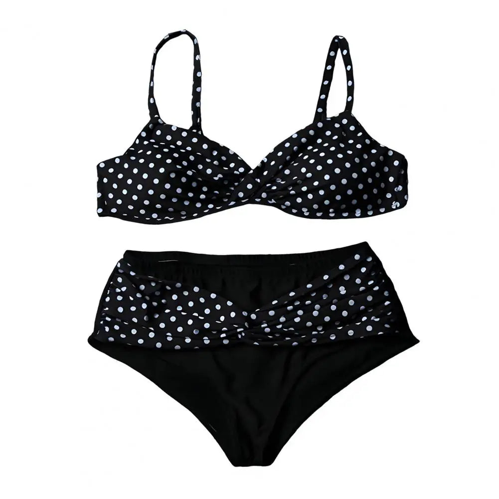 Plus Size Retro Dot Bikini Set | Cross-Chest V-Neck with Built-In Support & High Waist Bottoms