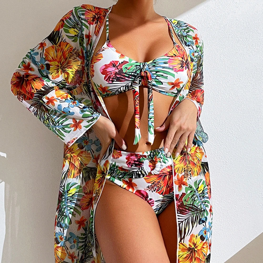 Floral Print 3 Piece Bikini Set with Mesh Blouse - Long Sleeve High Waisted Swimsuit